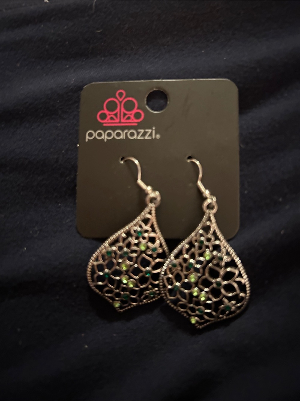 paparazzi Filigree Teardrop Earrings with Green Rhinestones